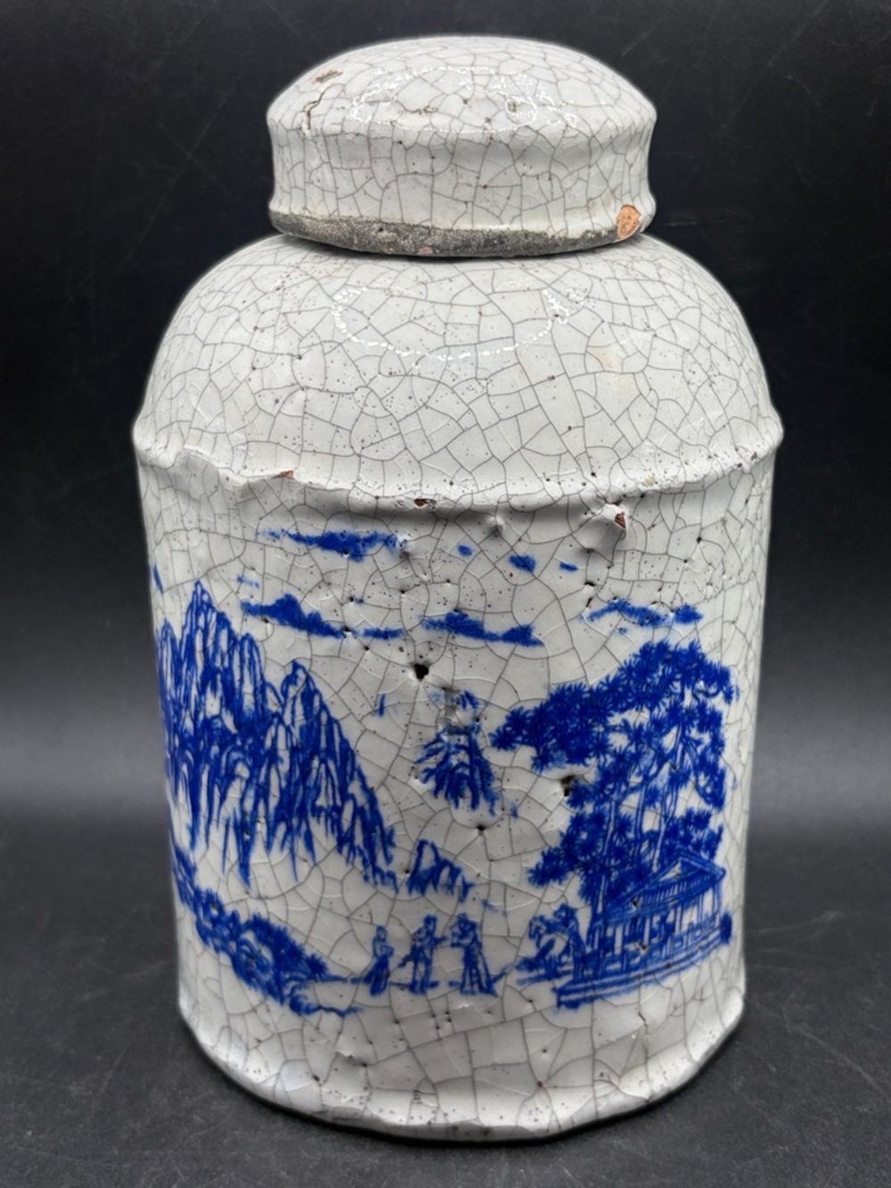 Vintage Blue & White Transferware Crazed Glaze Chinoiserie Pottery Jar, Lidded